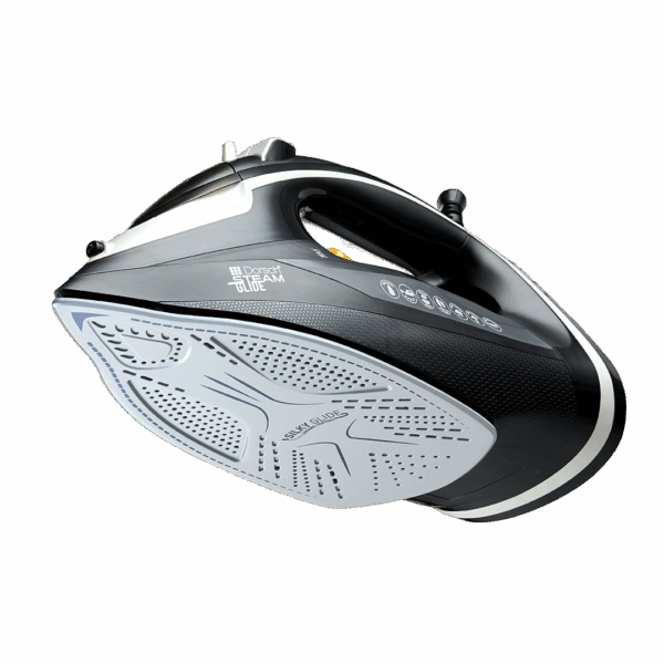 Black and silver DORSCH Steam iron on a light gray background