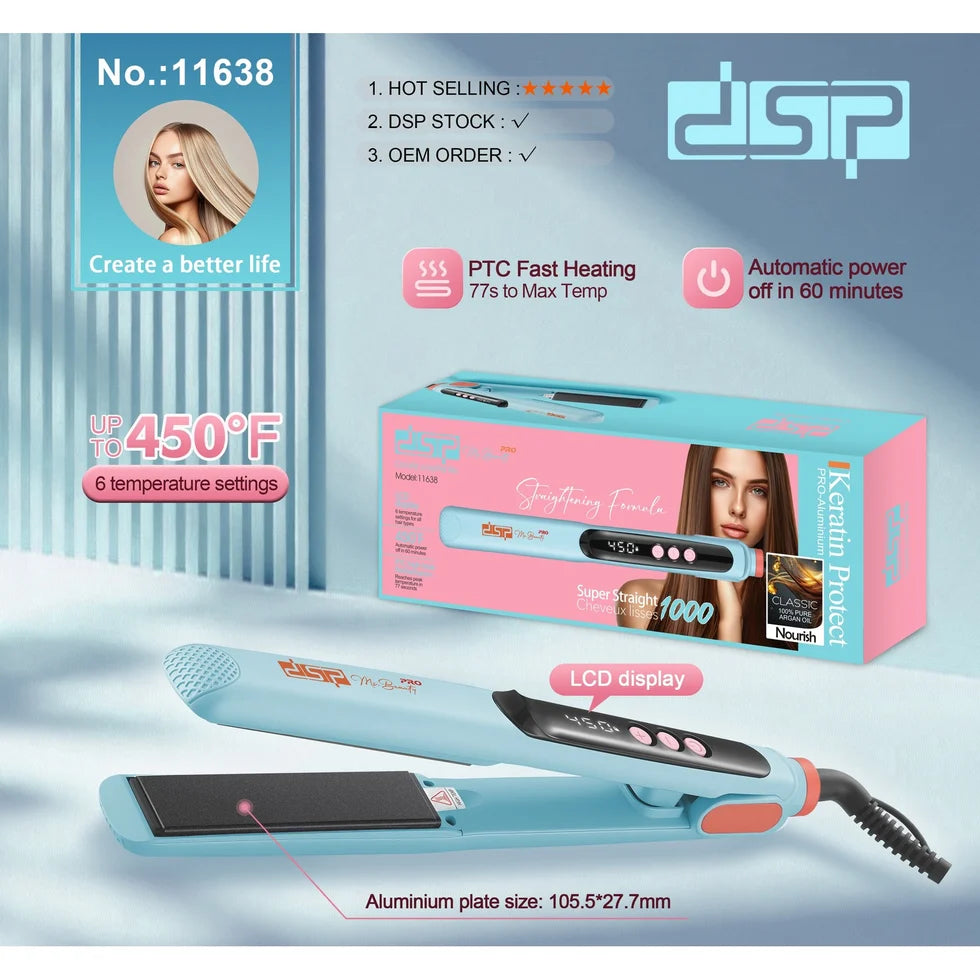 DSP 11638 Hair Straightener – 6 Heat Settings – LCD Display – 77-Second Heat-Up