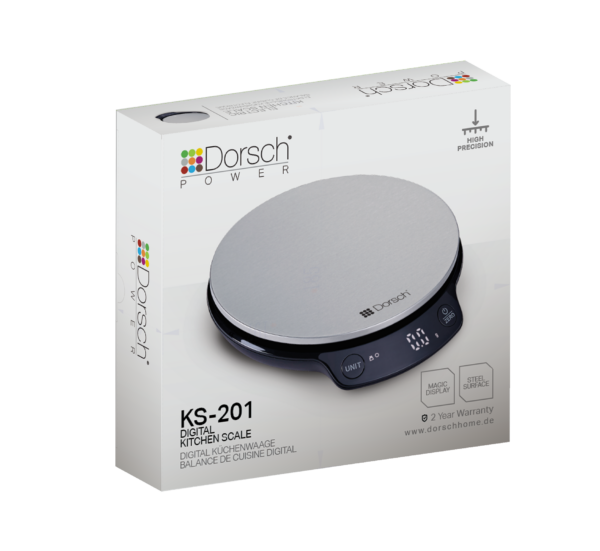 Dorsch Power digital kitchen scale packaging on a white background