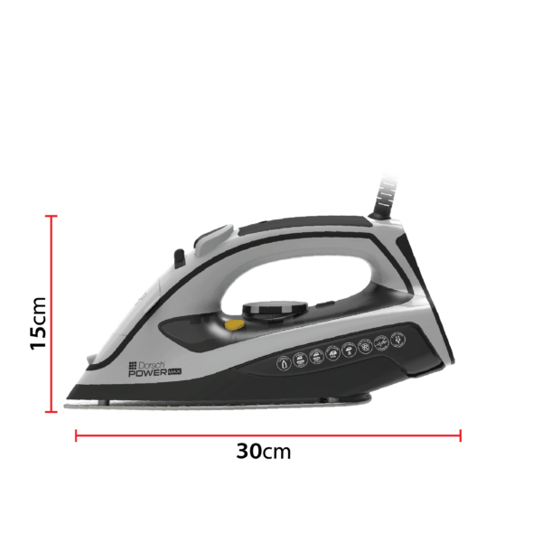 Black and silver iron with dimensions labeled on a white background