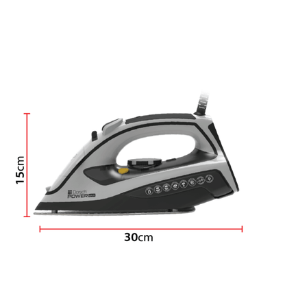 Black and silver iron with dimensions labeled on a white background