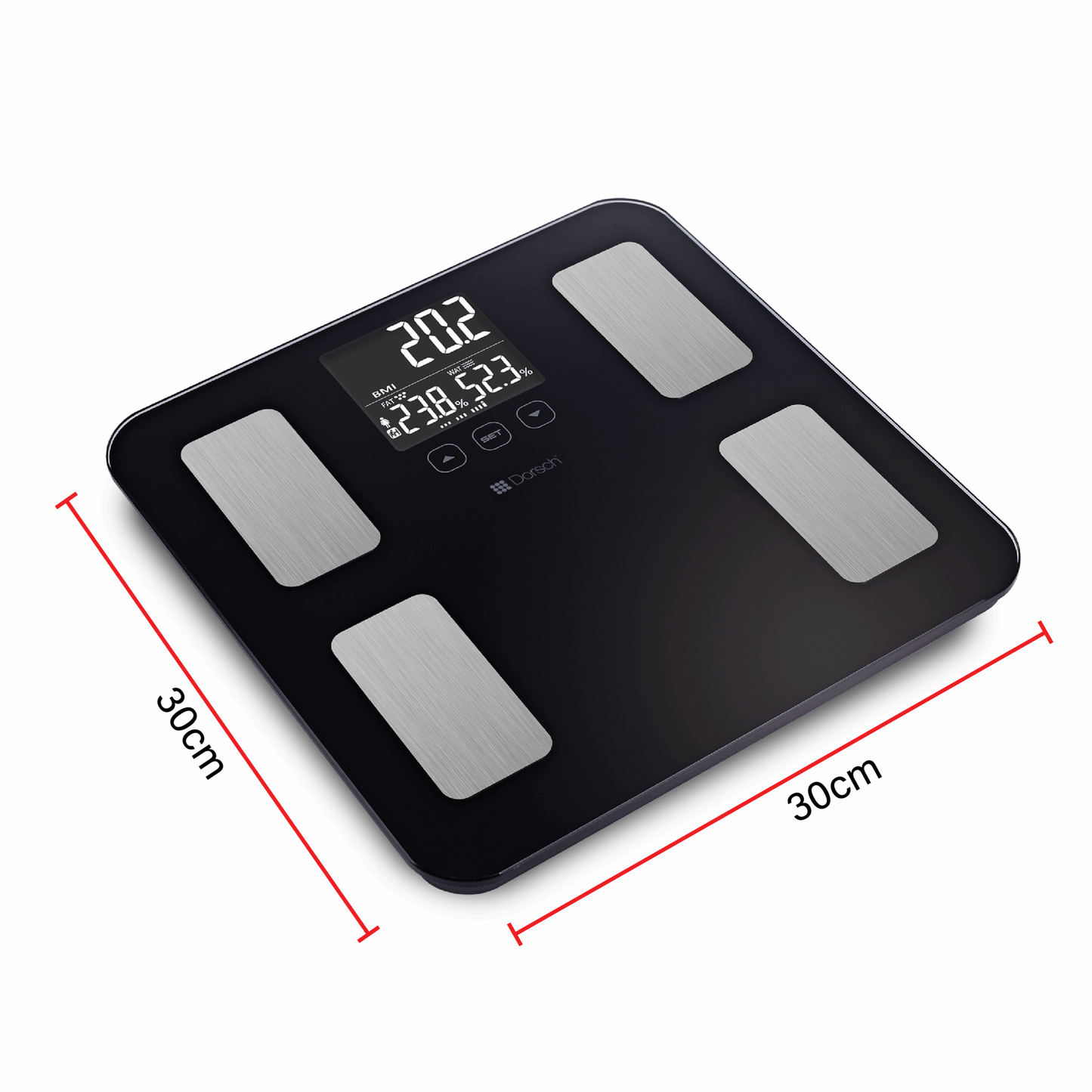 Black digital body fat scale with measurements on a white background