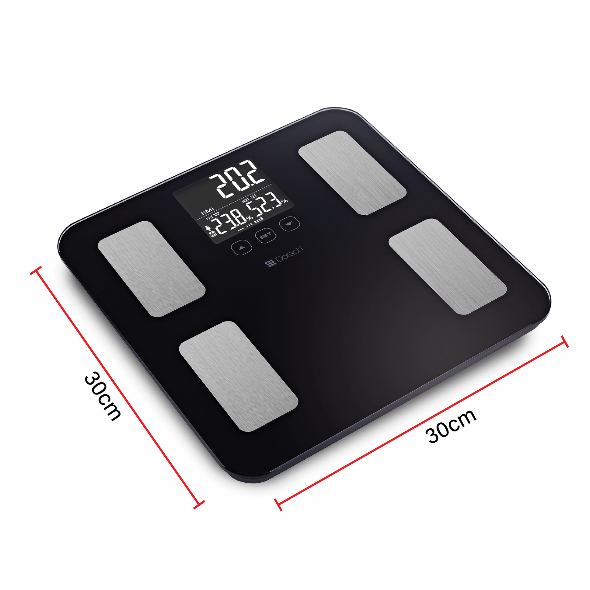 Black digital body fat scale with measurements on a white background