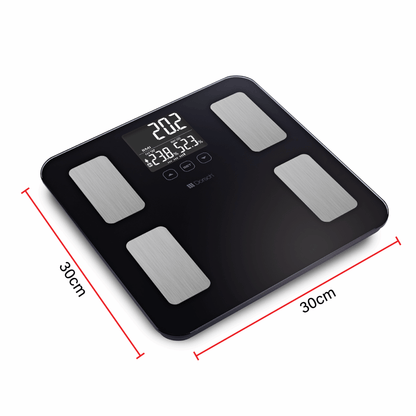 Black digital body fat scale with measurements on a white background