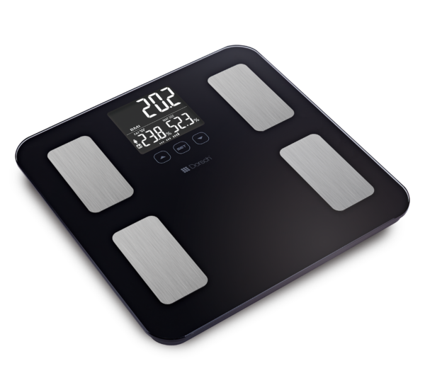 DORSCH Black digital body fat scale on a white background