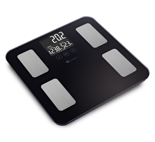 DORSCH Black digital body fat scale on a white background