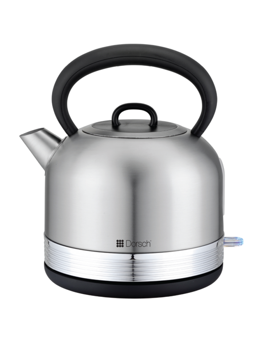 Silver DORSCH kettle with black handle on a white background