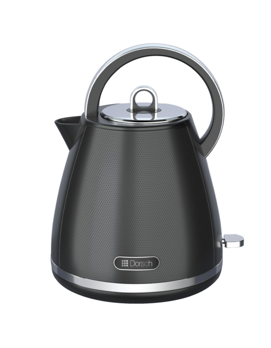DORSCH Black electric kettle with silver handle and base on a white background