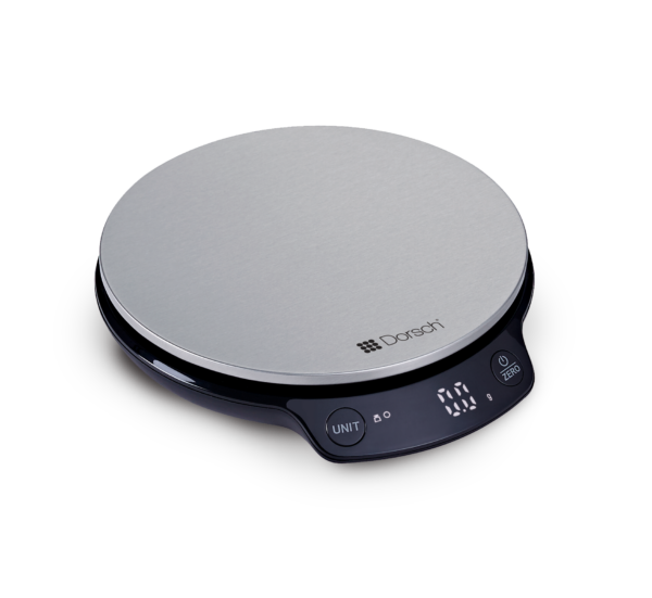 Round electronic scale with digital display on a white background