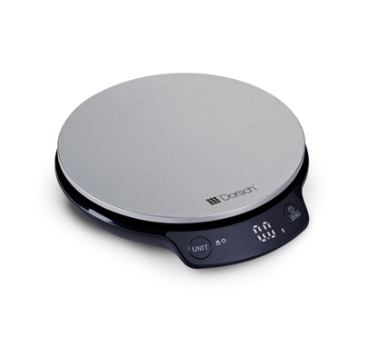 Round electronic scale with digital display on a white background