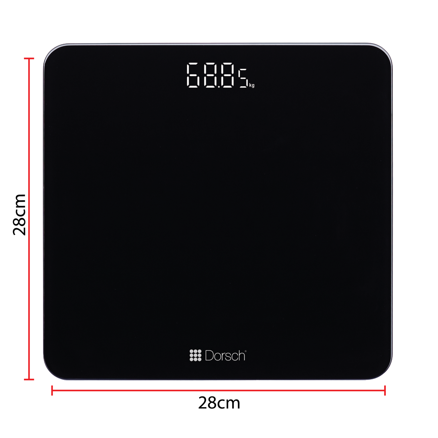 DORSCH Black digital bathroom scale with dimensions and Dorsch branding on a white background