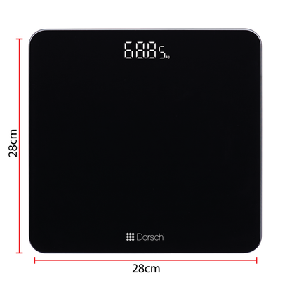 DORSCH Black digital bathroom scale with dimensions and Dorsch branding on a white background