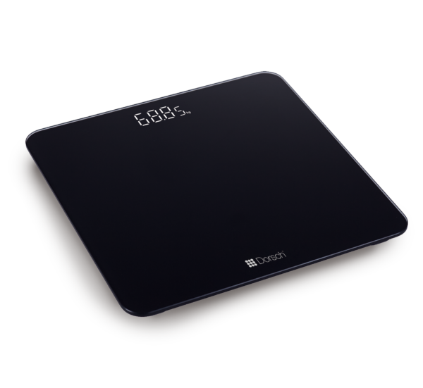 DORSCH Black digital bathroom scale on a white background