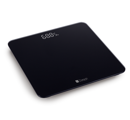 DORSCH Black digital bathroom scale on a white background