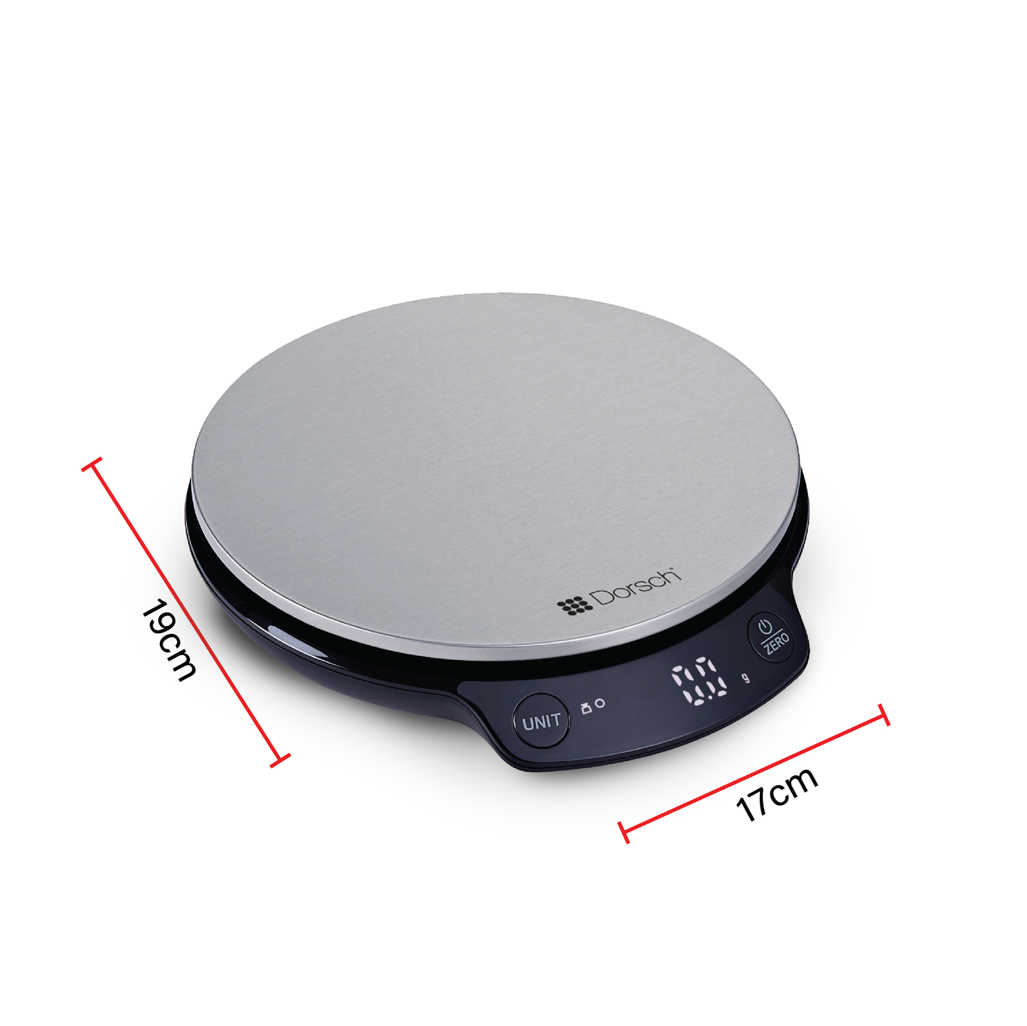 Digital kitchen scale with dimensions on a white background