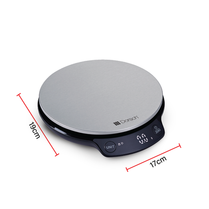 Digital kitchen scale with dimensions on a white background