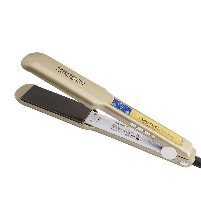 Gold hair straightener with digital display on a white background