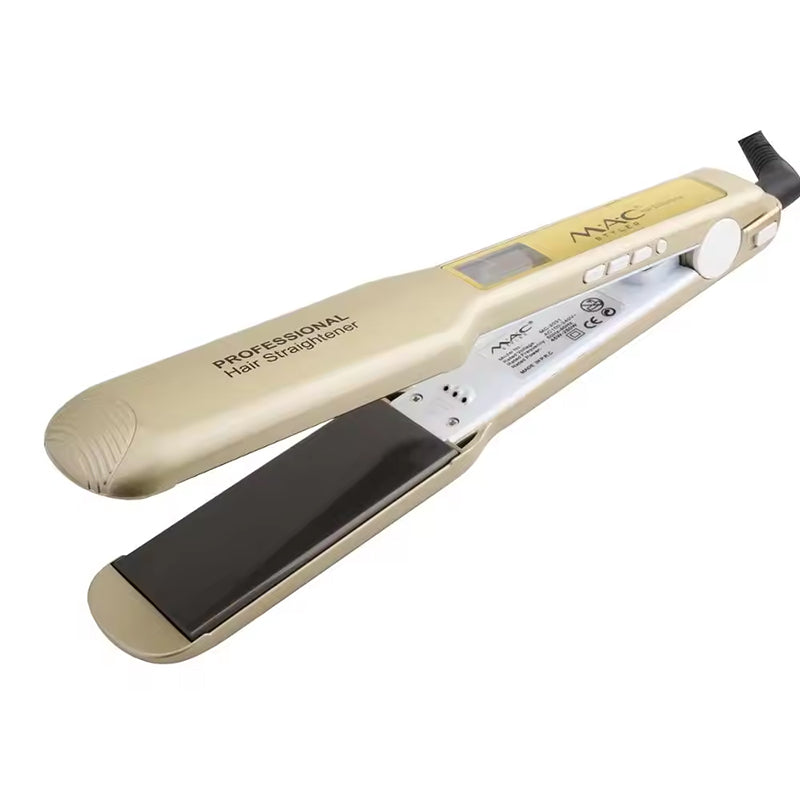 Beige hair straightener with digital display on a white background