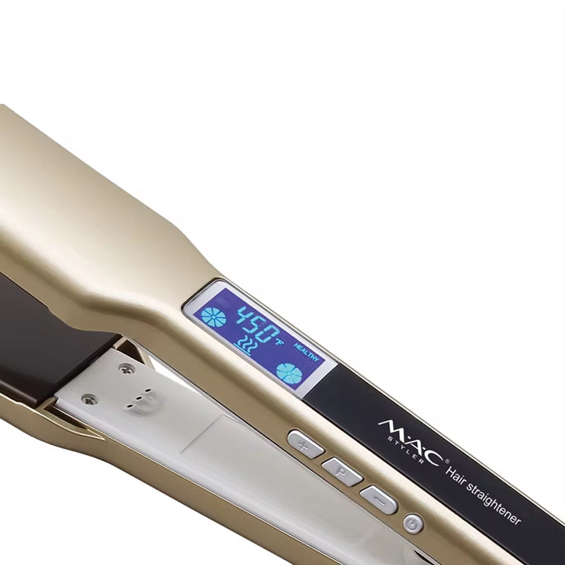 Gold hair straightener with digital display on a white background