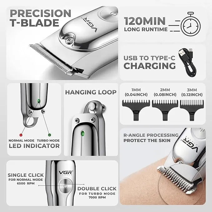 VGR V-071 Professional Hair Trimmer & Beard Clipper Kit | 120-Min Cordless Use | USB Fast Charging