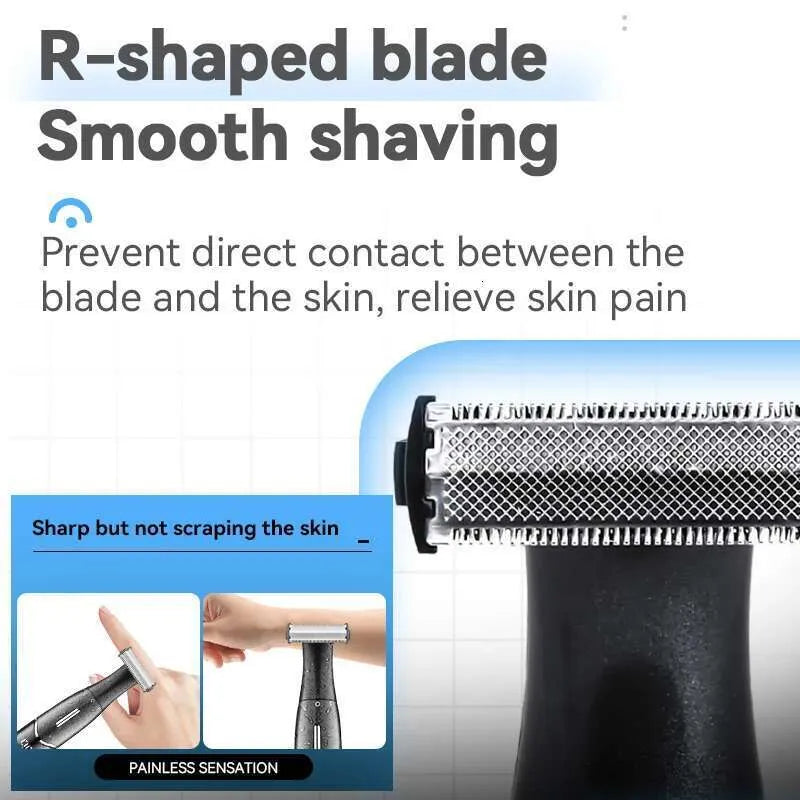Shaving blade with text explaining its design for smooth shaving and pain relief.