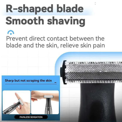 Shaving blade with text explaining its design for smooth shaving and pain relief.