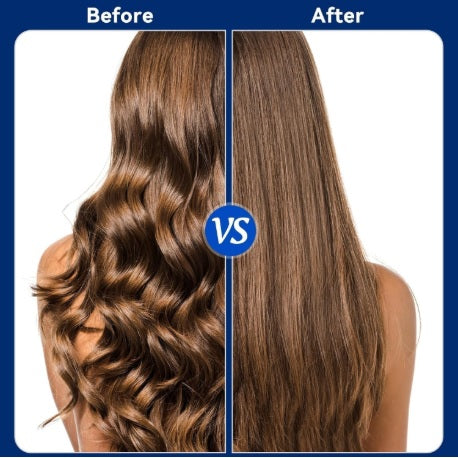 Before and after comparison of hair straightening with a blue 'vs' symbol.