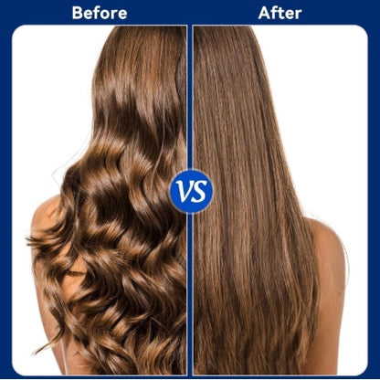 Before and after comparison of hair straightening with a blue 'vs' symbol.