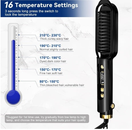 Hair straightener with temperature settings displayed on a white background