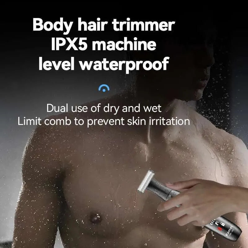 Body hair trimmer with waterproof feature being used on a person's chest.
