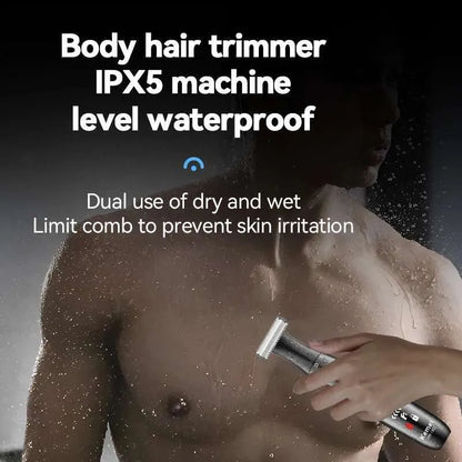 Body hair trimmer with waterproof feature being used on a person's chest.