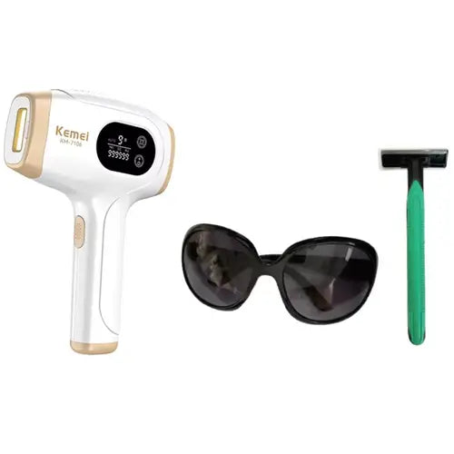 White hair removal device with gold accents, sunglasses, and a green razor on a white background