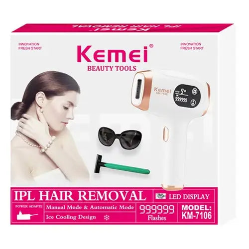 Kemei beauty tools box with IPL hair removal device on a white background