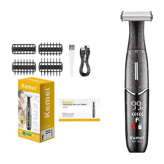 Kemei body hair trimmer with packaging, attachments, and cable on a white background