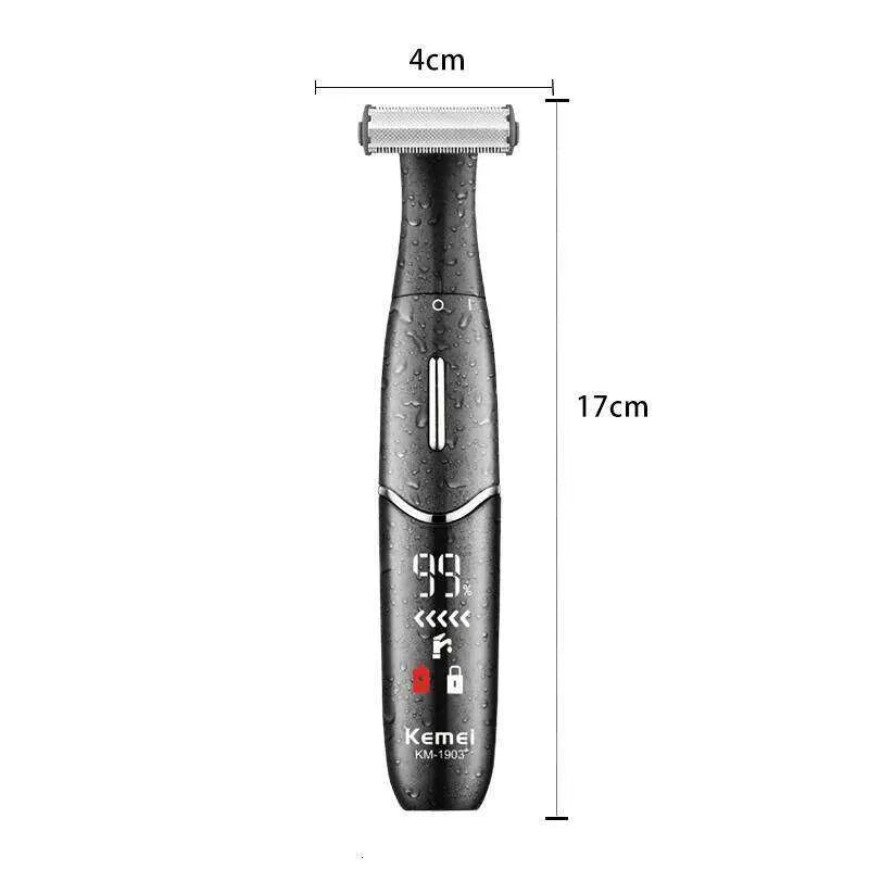 Black electric shaver with measurements on a white background