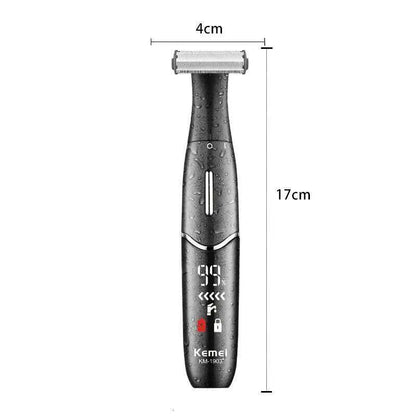 Black electric shaver with measurements on a white background