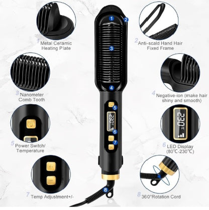 Hair straightener with features highlighted on a white background