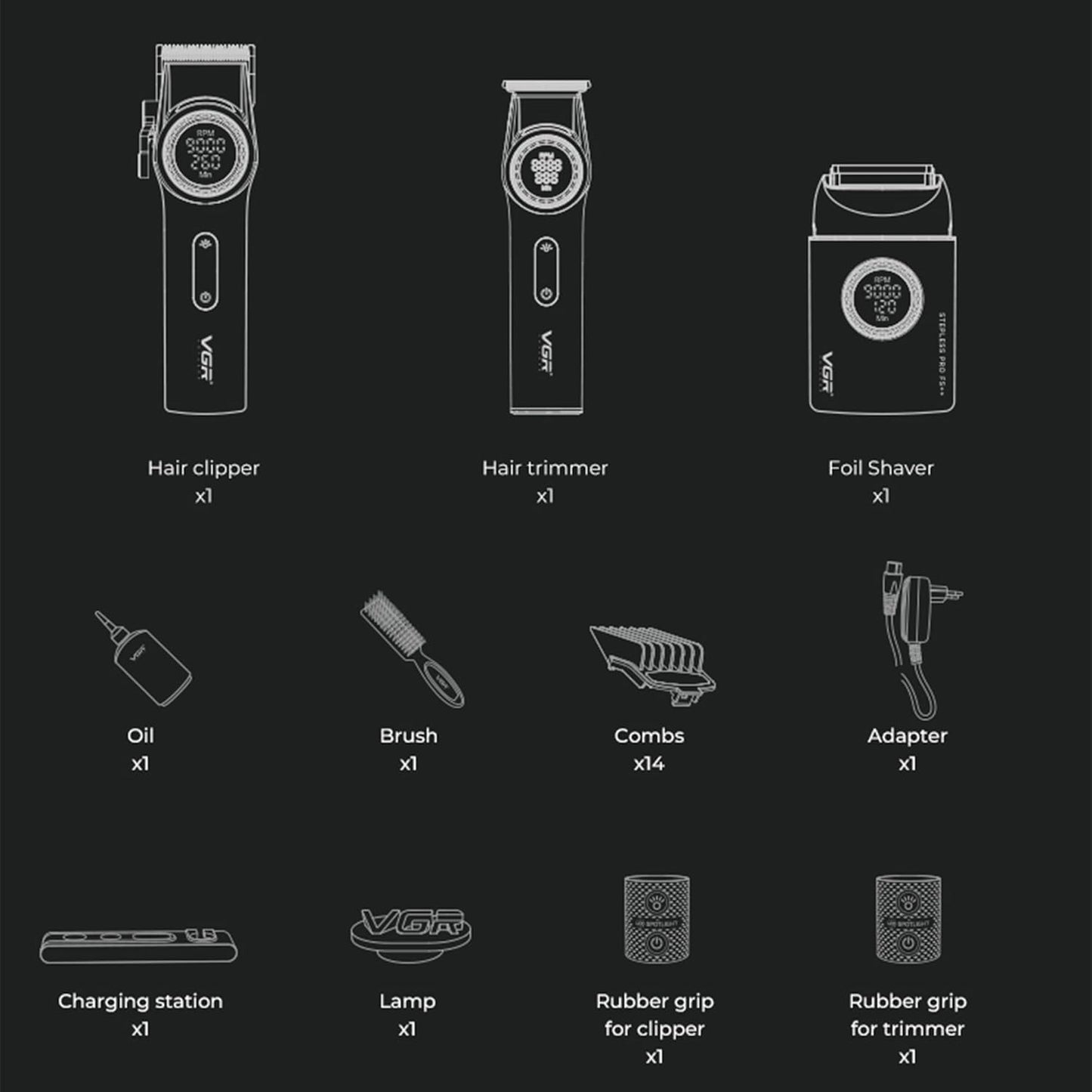 VGR 3 in 1 Professional Barber Clippers Set of Hair Clipper Trimmer Foil Shaver, Cordless Haircut Kit with Upgraded Powerful Motor, Integrated Charging Station, LED Display, Storage Box, Black