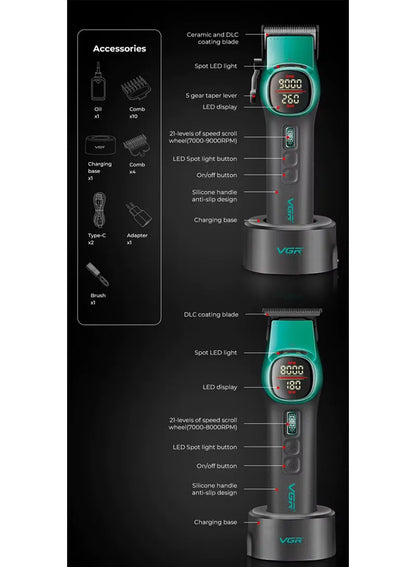 Professional Clipper & Trimmer Set, 9000 & 8000 RPM Motors, Infinity Speed Control, LED Screen, USB & Magnetic Charging & Full Comb Kit V-885S2