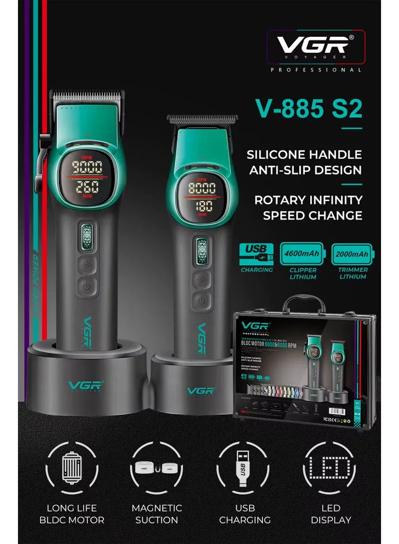 Professional Clipper & Trimmer Set, 9000 & 8000 RPM Motors, Infinity Speed Control, LED Screen, USB & Magnetic Charging & Full Comb Kit V-885S2