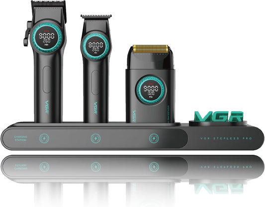 VGR 3 in 1 Professional Barber Clippers Set of Hair Clipper Trimmer Foil Shaver, Cordless Haircut Kit with Upgraded Powerful Motor, Integrated Charging Station, LED Display, Storage Box, Black