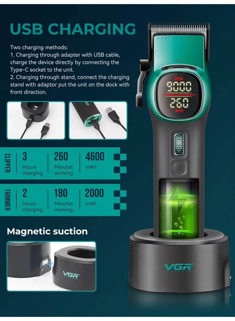 Professional Clipper & Trimmer Set, 9000 & 8000 RPM Motors, Infinity Speed Control, LED Screen, USB & Magnetic Charging & Full Comb Kit V-885S2