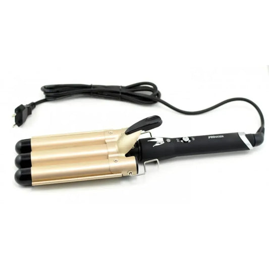 Triple barrel hair curling iron with gold barrels and black handle on white background