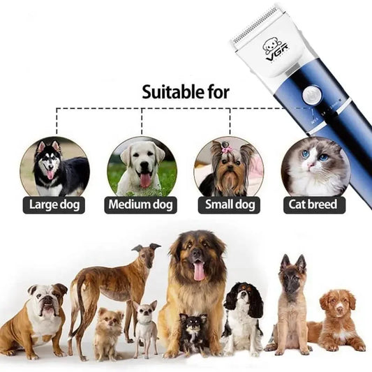 Pet grooming clipper for large dogs, medium dogs, small dogs, and cats, with pet images.