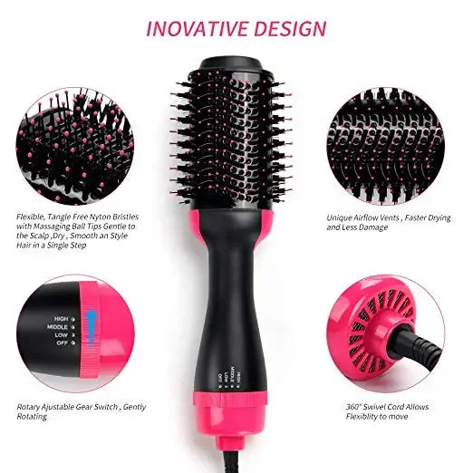 Pink and black hair dryer brush with nylon bristles and rotary gear switch, innovative design